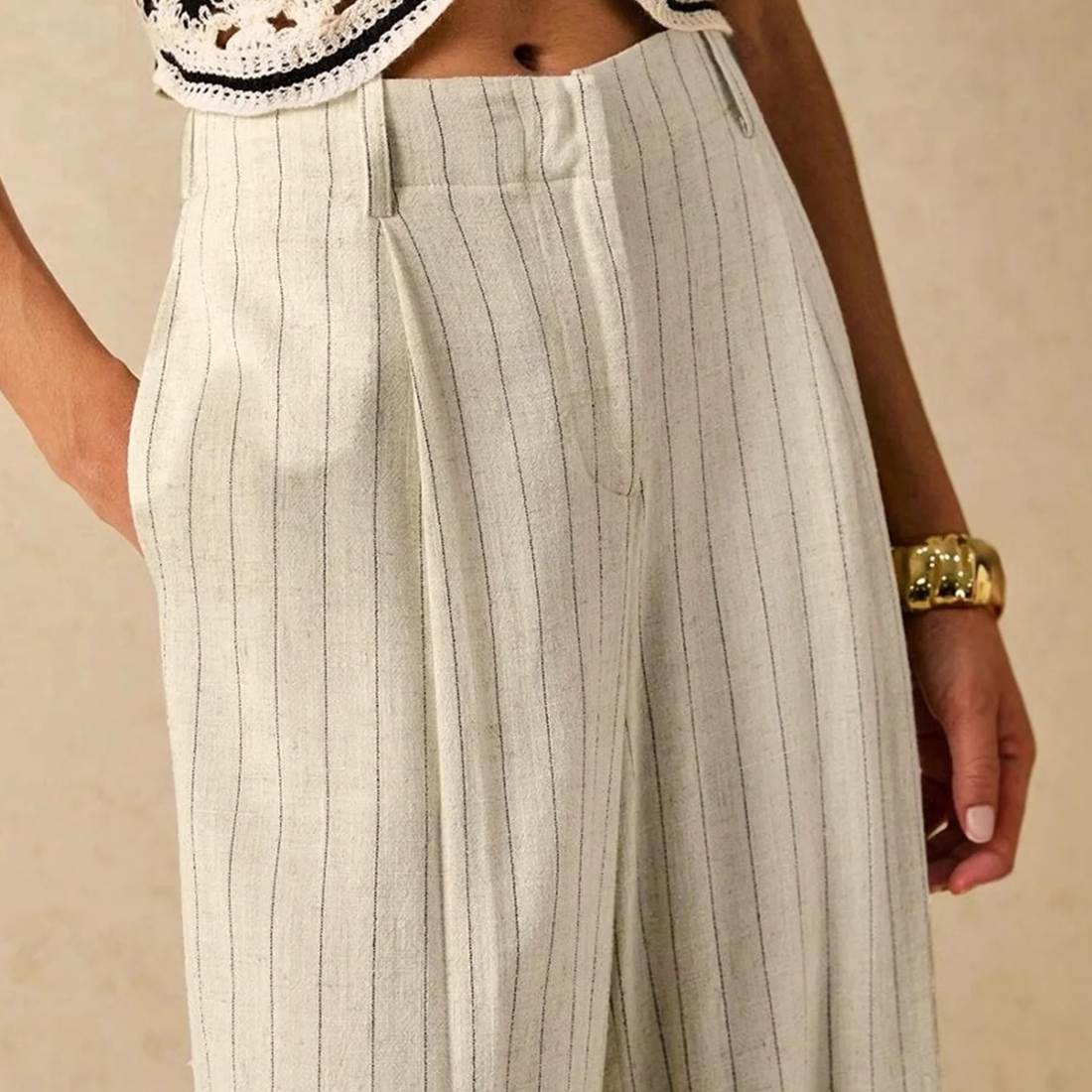 Striped Natural Waist Straight‑Leg Cropped Trousers